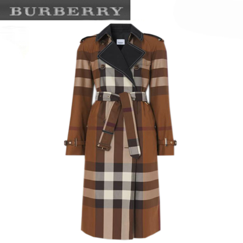 BURBERRY-80486961 버버리 다크 버치 브라운 컨트라스트 패널 체크 코튼 트렌치코트