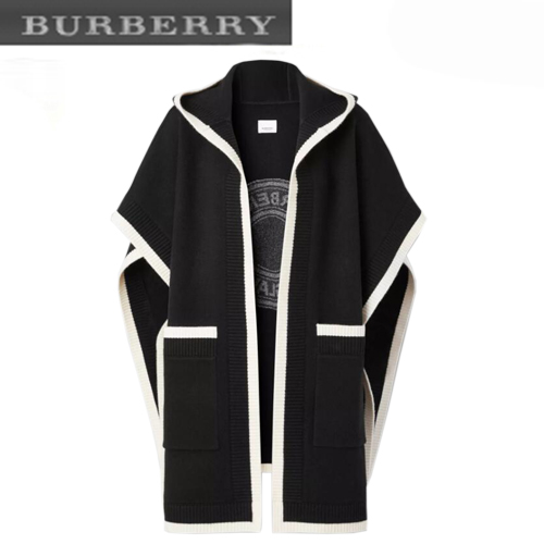 BURBERRY-80315441 버버리 블랙 로고 그래픽 울 캐시미어 자카드 후드 케이프