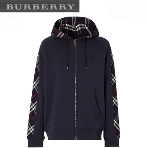 BURBERRY-80143491 버버리 네이비 빈티지 체크 패널 코튼 후드 톱 남여공용