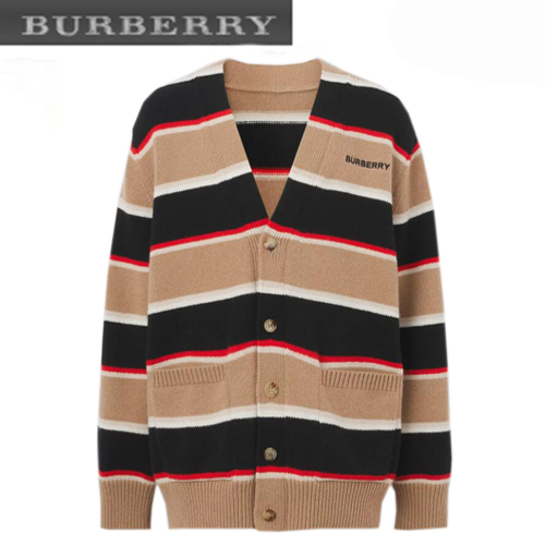 BURBERRY-80502611 버버리 카멜 엠브로이더리 로고 스트라이프 카디건